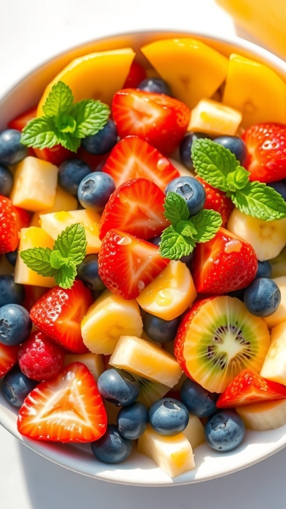 A colorful bowl of fruit salad with strawberries, blueberries, kiwi, pineapple, and banana, garnished with mint.